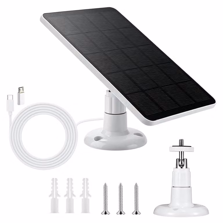 Pannello solare da 6W per telecamere, 5V, con connettori Micro-USB e USB-C, grado di protezione IP65, supporto a 360°