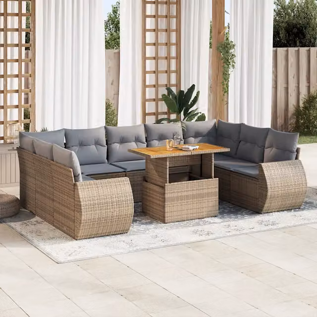 Set Divano da Giardino a L vidaXL in Polyrattan con Cuscini Beige e Tavolino da Esterno