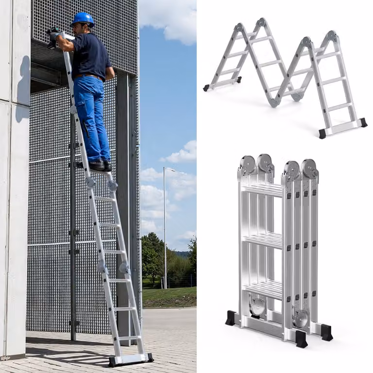 Scala multifunzione Ikodm 7in1, realizzata in alluminio, con 4x3 gradini, altezza circa 360 cm / 3,6 metri. Scala a cavalletto, a sbalzo e a scala, con portata massima di 150 kg