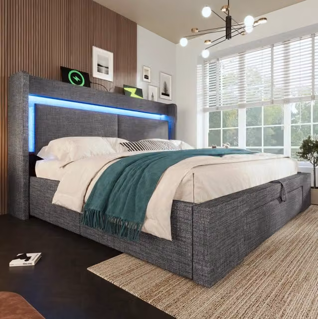 Letto imbottito 160x200 cm grigio in lino con vani, LED e USB-C, senza materasso