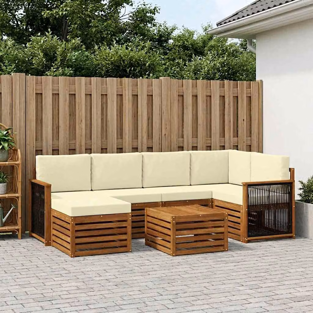 Set di divani da esterno vidaXL 6 pz in legno di acacia con tavolino e pouf, colore beige e bianco