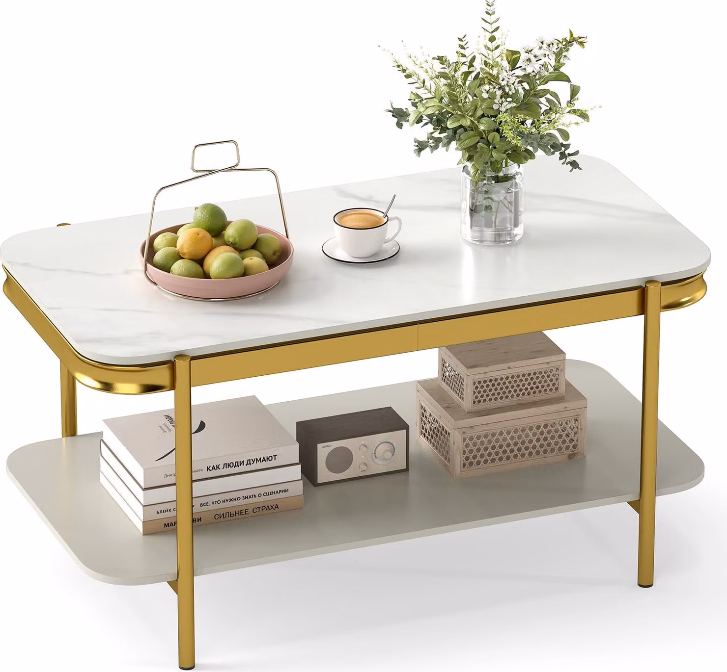 COSTWAY Tavolino da salotto in marmo, tavolino da soggiorno a 2 livelli con struttura in metallo, tavolino rettangolare, tavolino da caffè per soggiorno e ufficio, 90x50x45,5 cm, bianco