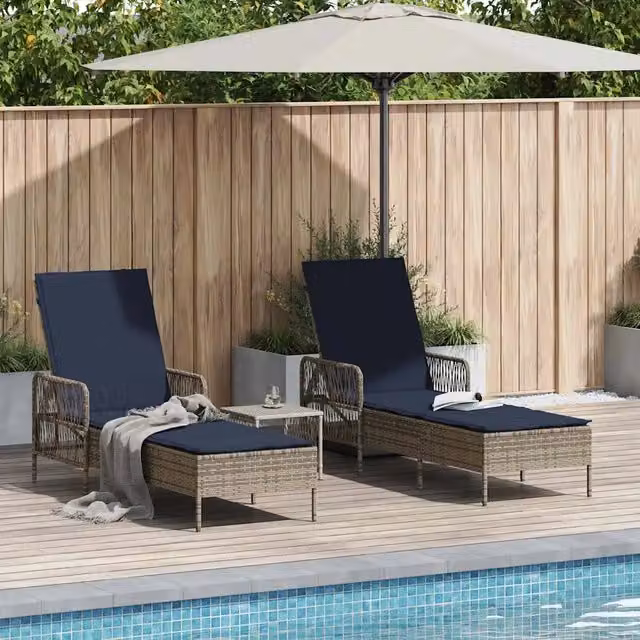 Lettino da sole 3 pz polyrattan Grigio e Blu Navy 365438