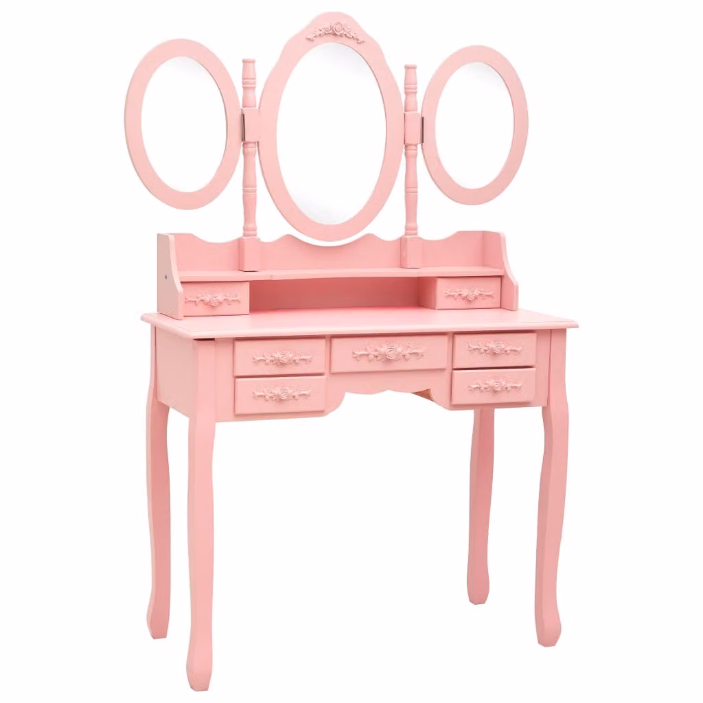 Tavolo da Trucco con Sgabello e Specchio Pieghevole in 3 Rosa