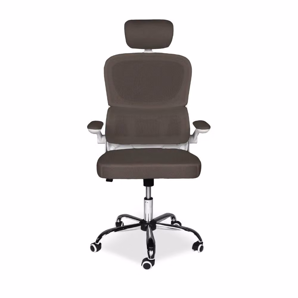 Sedia da ufficio ergonomica Vibes Effezeta Italia con struttura bianca, seduta in tessuto a rete tortora, poggiatesta e base cromata – 2