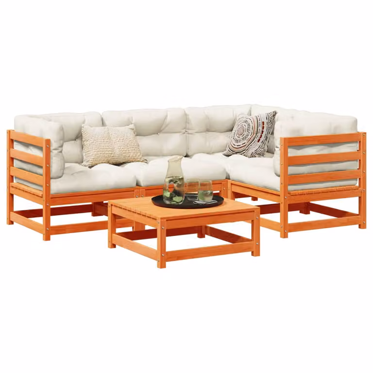 Set di Divani da Giardino vidaXL in Legno di Pino Massello Trattato con Cuscini, Marrone e Beige, Composizione a L con Ottoman, 5 Pezzi