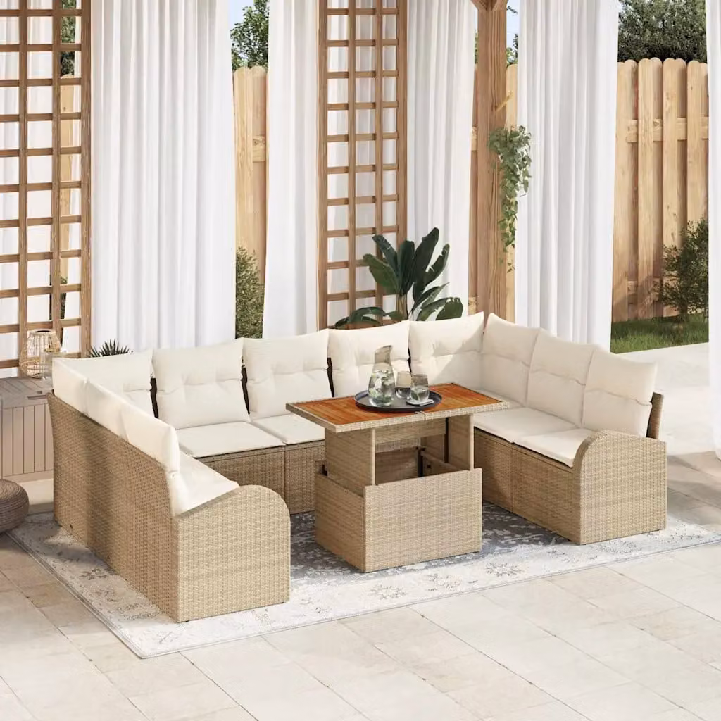 Set Divano da Giardino vidaXL 10 Pezzi Beige con Cuscini e Struttura in Metallo e Rattan – 1