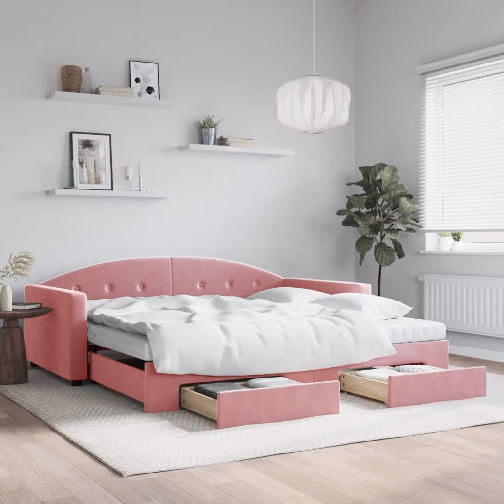 vidaXL Divano Letto Estraibile in Velluto Rosa con Cassetti L/P/H: 200 x 100 x 75 cm