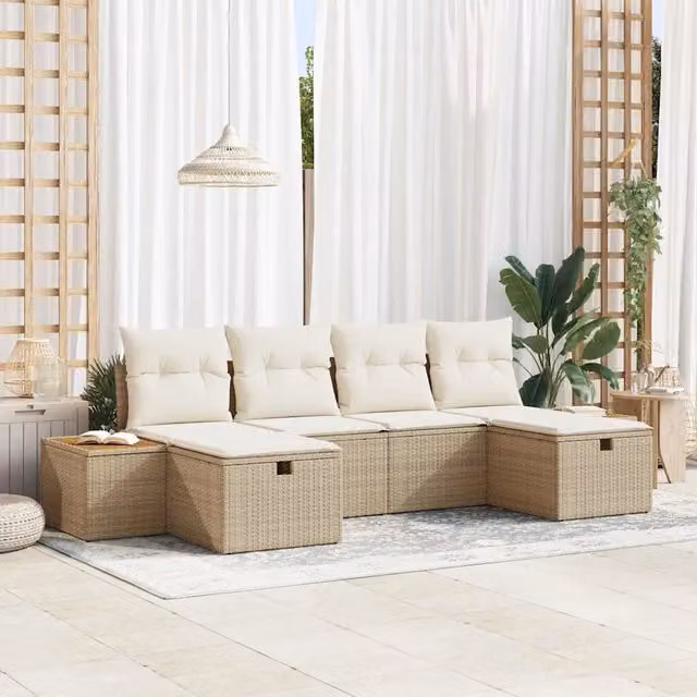Set Divano da Giardino Moderno vidaXL in Polyrattan Beige con Ottoman e Cuscini per 6 Persone