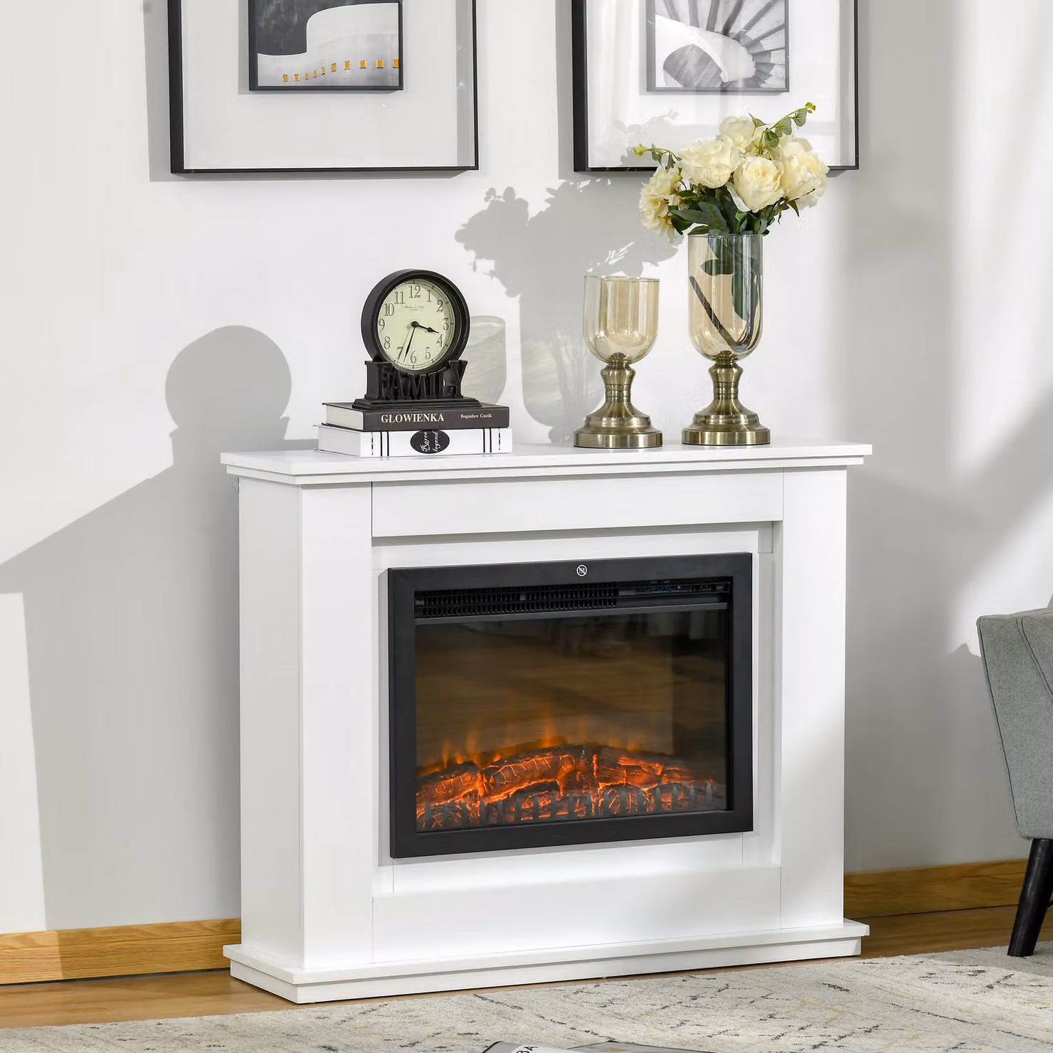 Camino Elettrico HOMCOM con Effetto Fiamma Realistico in Legno Bianco, con Telecomando e Timer, L 98 x P 27,5 x H 80 cm – 2
