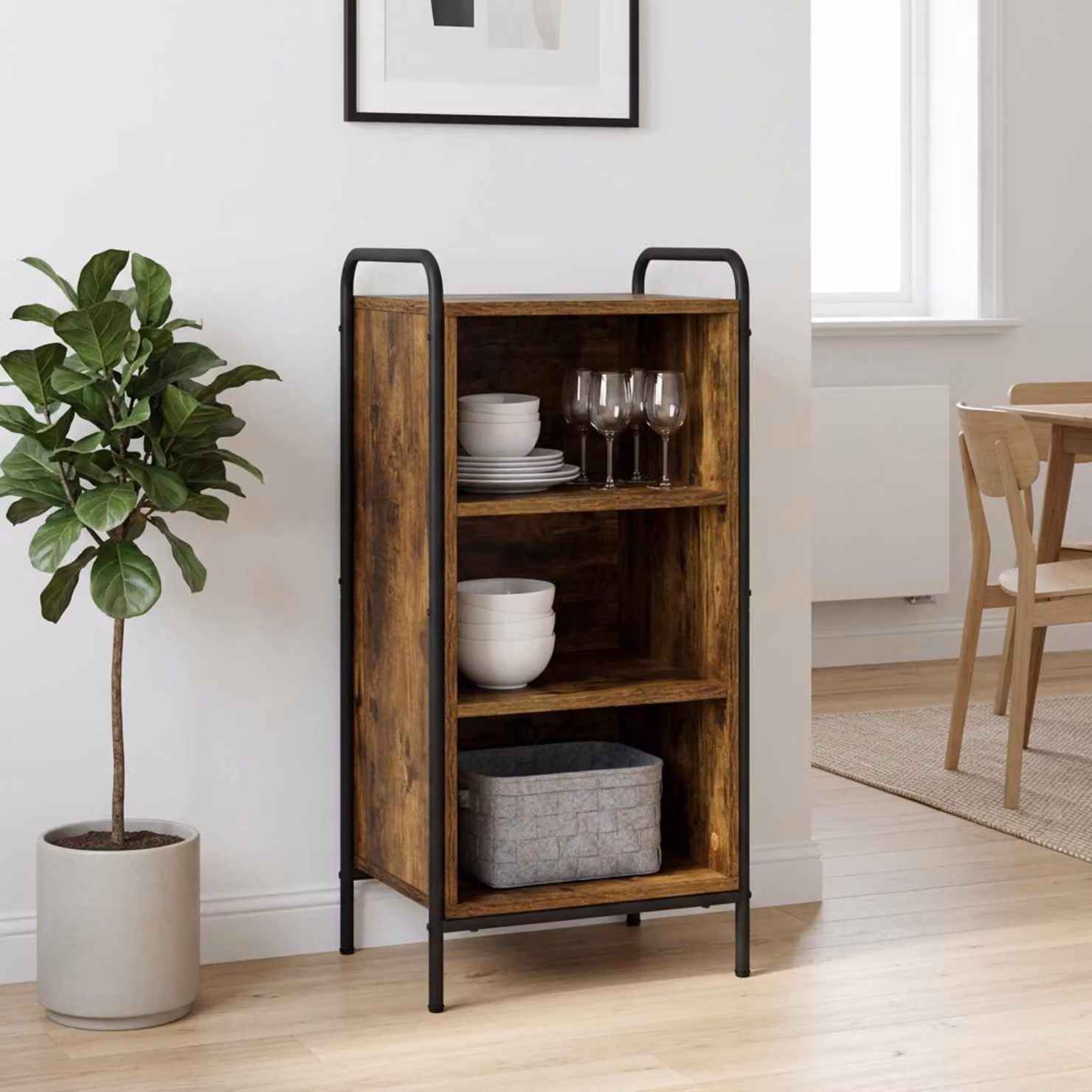 Credenza moderna vidaXL in legno ingegnerizzato e metallo, colore rovere fumo marrone, L 97 x P 33 x H 81 cm