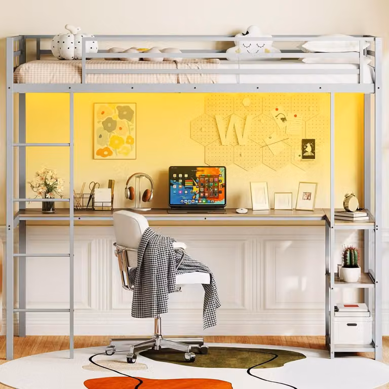 Letto a soppalco singolo in metallo Costway con presa USB e illuminazione sottostante, Argento e Naturale