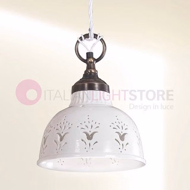 Lampada a sospensione MASSERIA di Ceramiche Borso in ceramica bianca e ottone, stile rustico country, diametro 19 cm