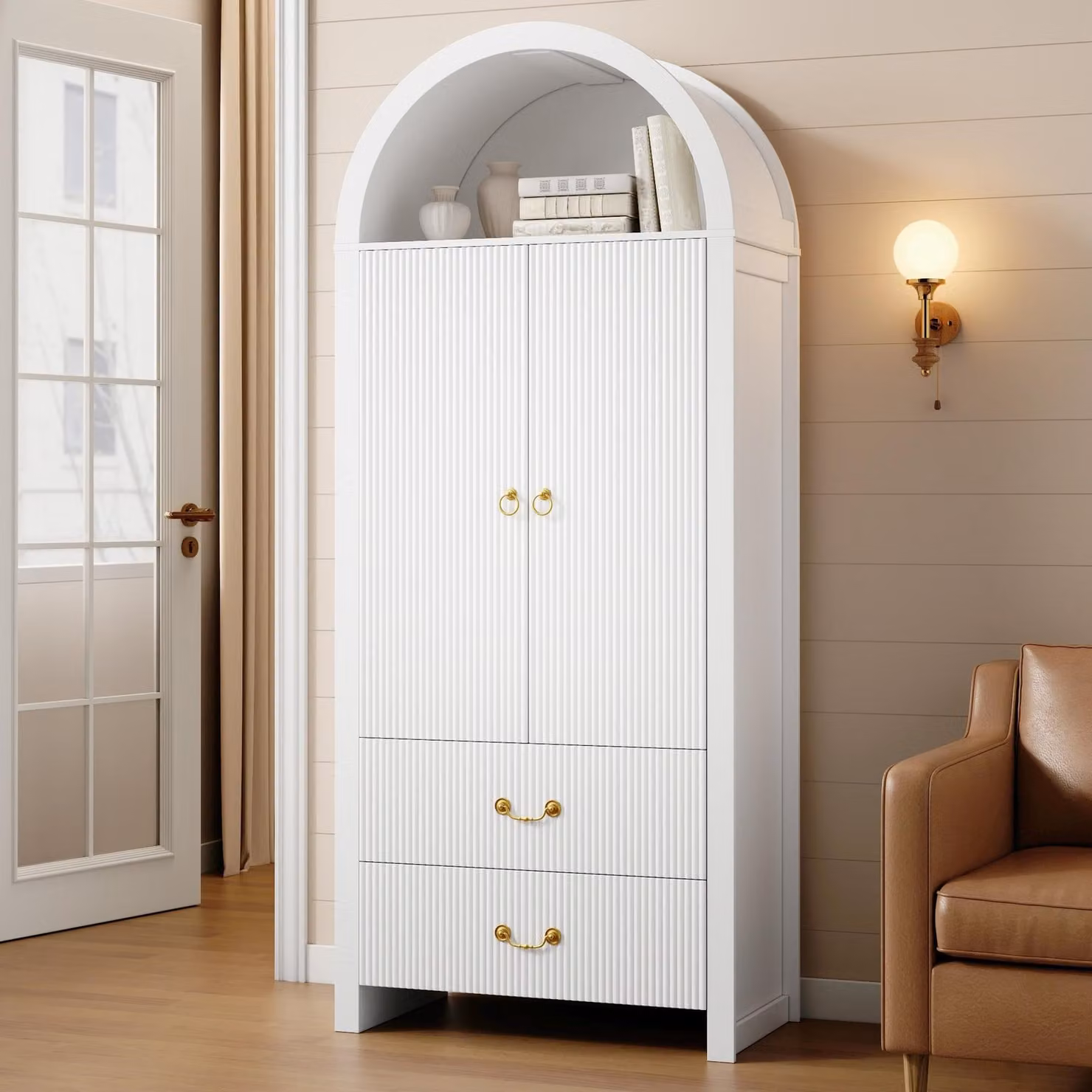 Mobiletto a giorno con ante a battente, illuminazione LED dimmerabile controllata tramite app, due ante, due cassetti, mobiletto laterale, credenza da cucina, bianco
