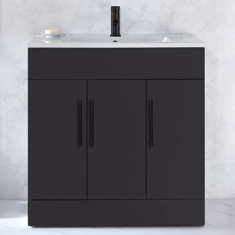Mobile Bagno a Terra Grigio Nero da 810mm con Lavabo e Maniglie Nere con Barra a T - Cluo