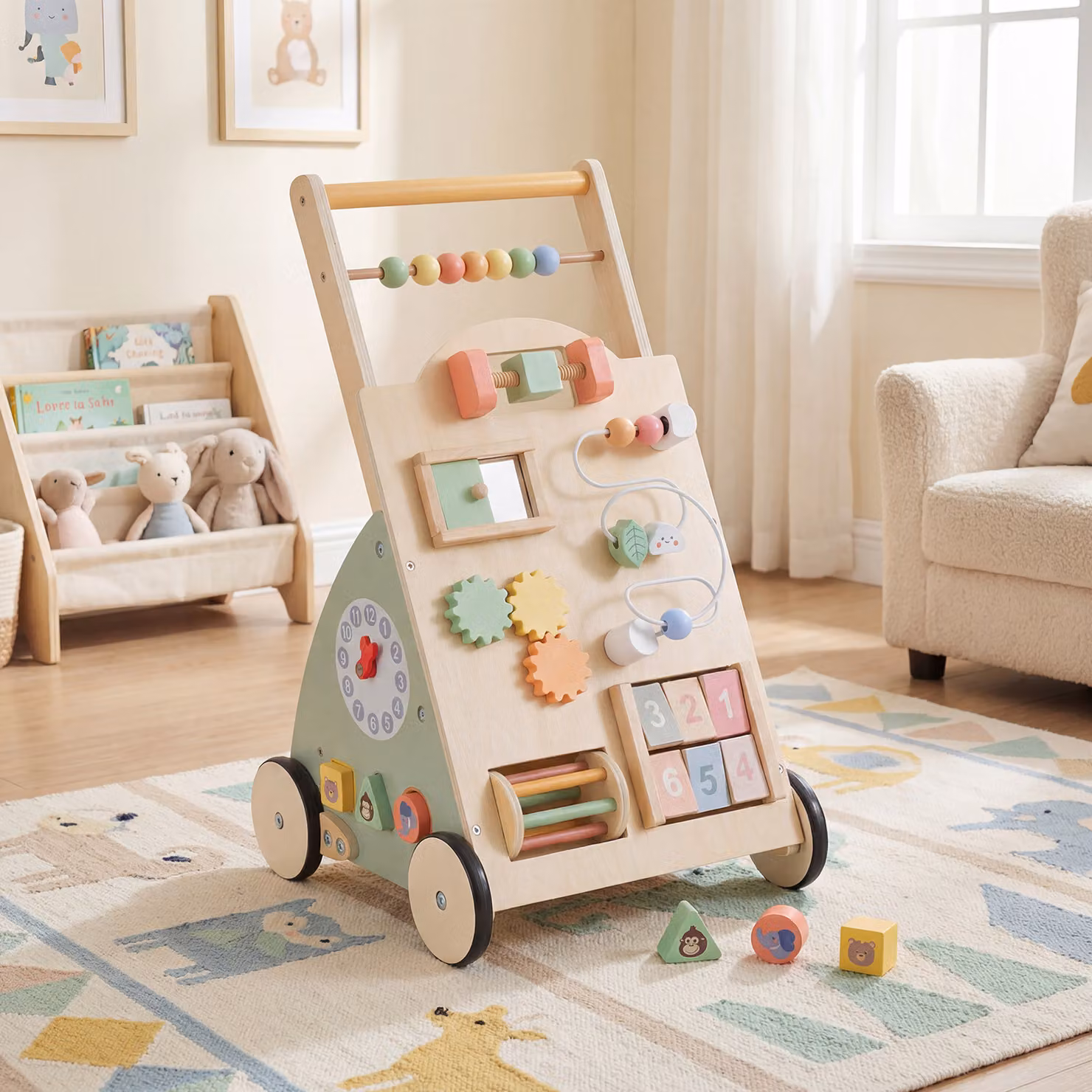 Costway Camminatore in Legno Multicolore con Cestino Portaoggetti, Giocattolo Montessori per lo Sviluppo Motorio e Sensoriale per Bambini dai 12 Mesi