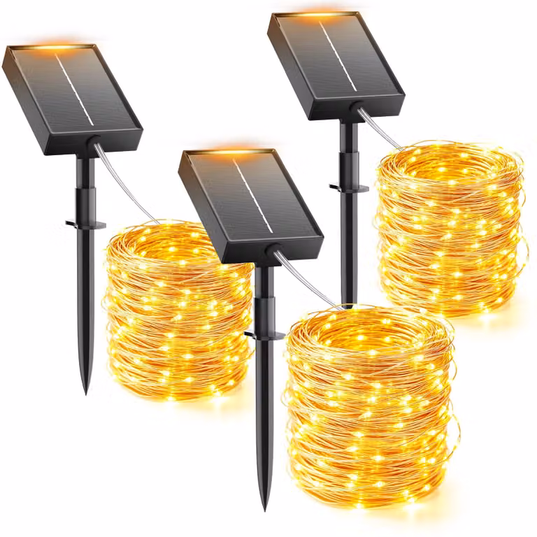 Catena luminosa solare per esterni, confezione da 3, lunghezza totale 15+2 metri, 150 LED
