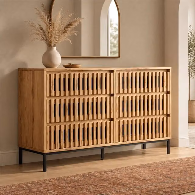Credenza 120x40x81 cm in MDF e truciolare, naturale, 6 cassetti,