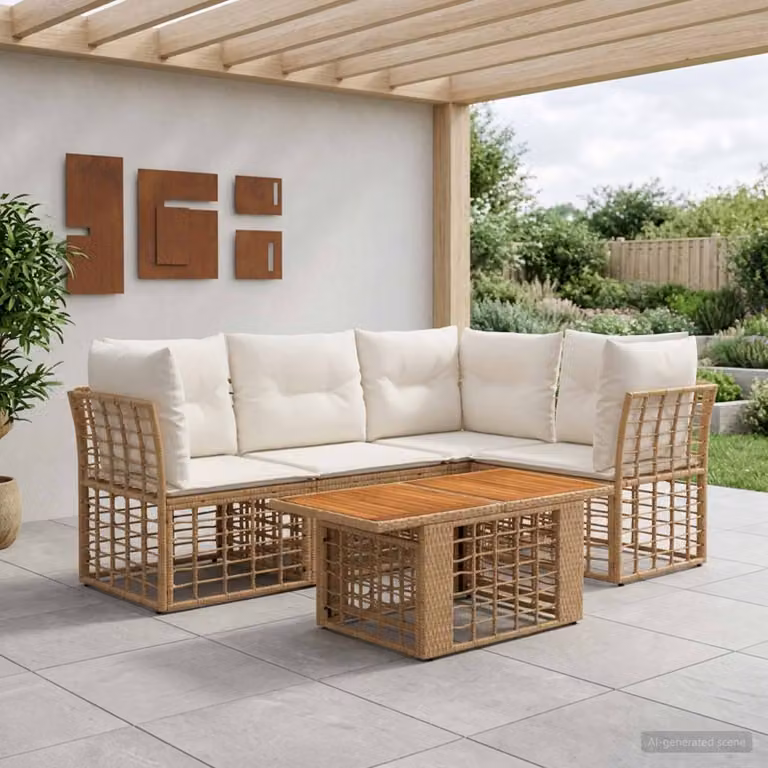 Set Divano da Giardino a L vidaXL in Polyrattan con Tavolino e Cuscini, Colore Naturale e Bianco Crema