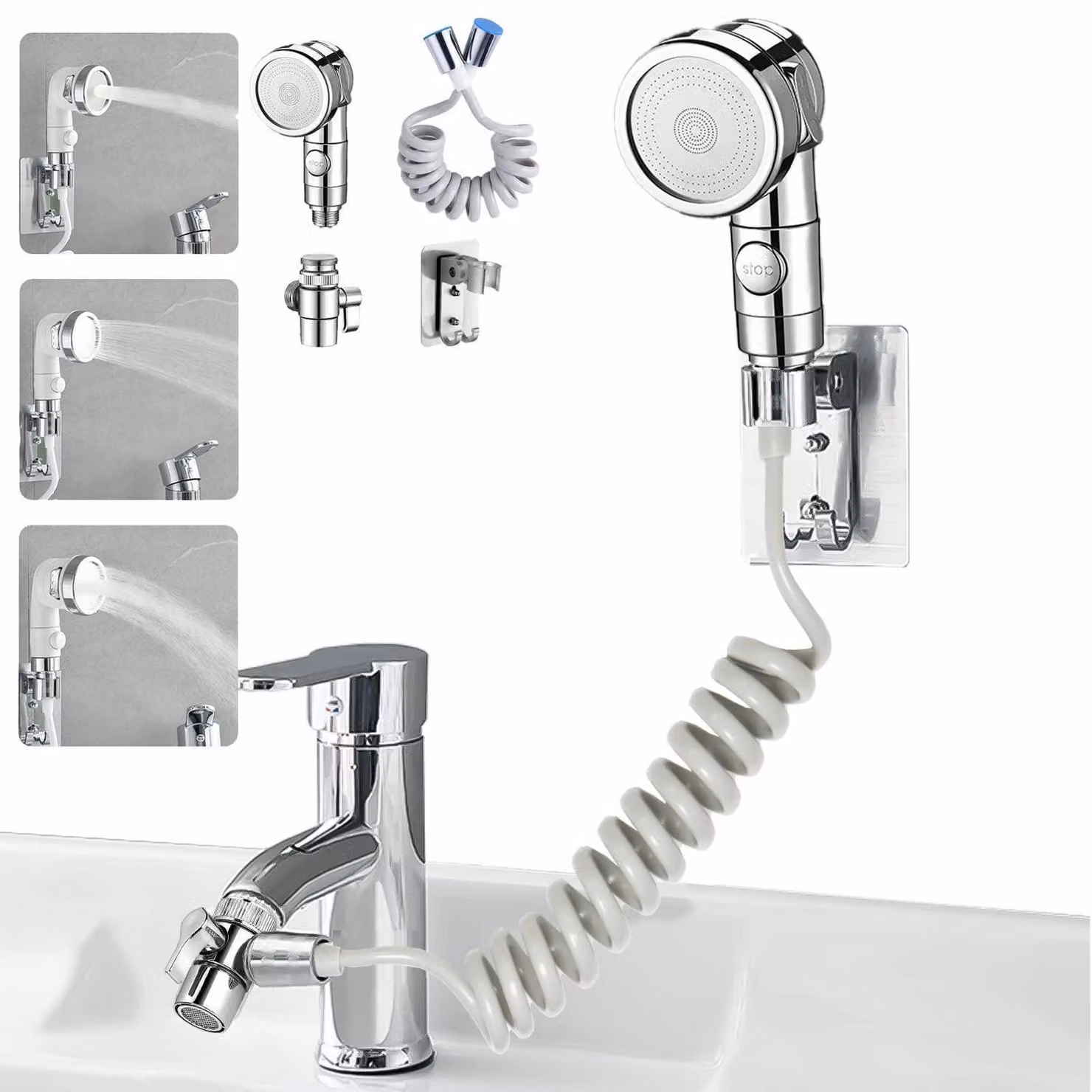 Set di rubinetto manuale per lavandino, completo di tubo e supporto, colore argento, tubo di 1,5 metri, a risparmio idrico, con 3 tipi di getto