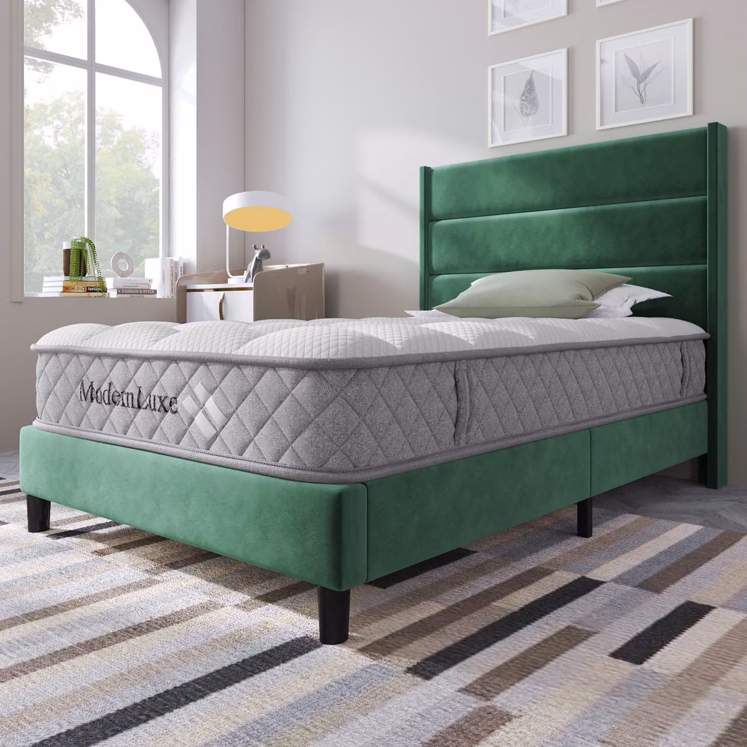 Letto imbottito 90 x 200 cm con materasso H3 a 7 zone, rete a doghe e testiera imbottita, rivestito in velluto, con spazio contenitore sotto il letto, colore verde scuro