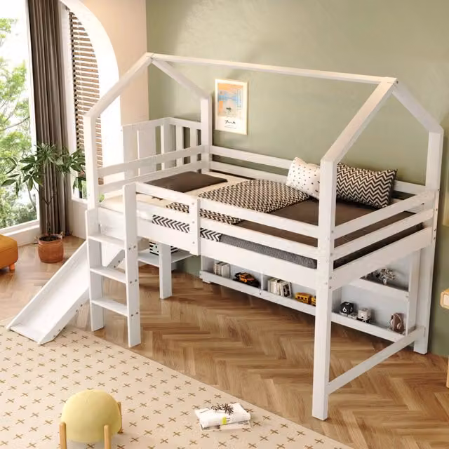 Letto per bambini 90x200 cm con scivolo, scala e contenitori in legno di pino bianco