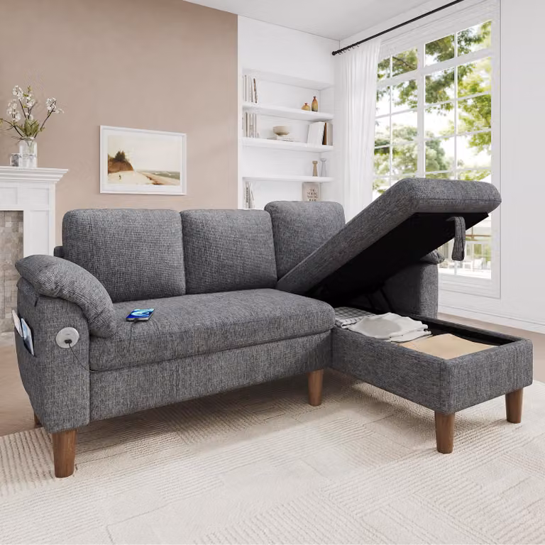 Divano angolare a forma di L Merax, divano a 3 posti con chaise longue contenitore, porta USB Type-C, tasche laterali, pouf modulare, tessuto in chenille, grigio chiaro
