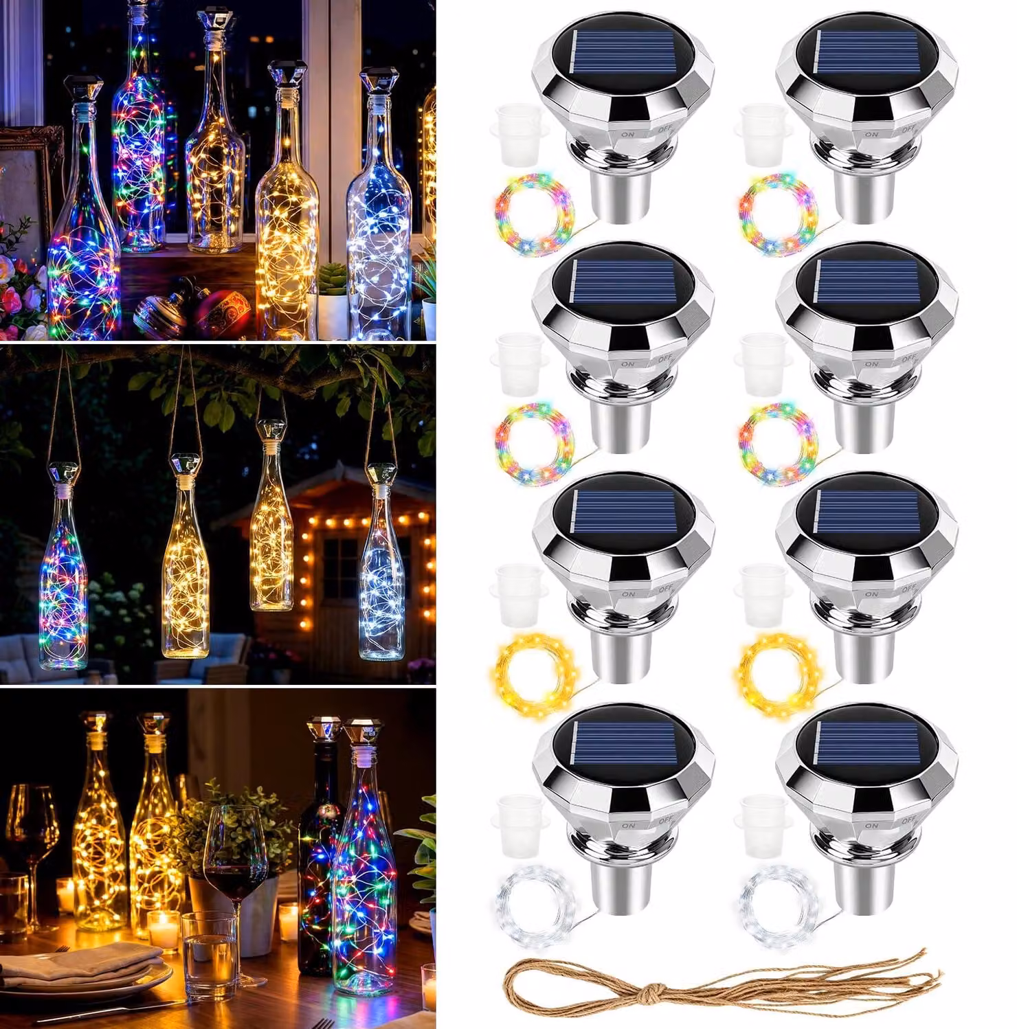 8 luci solari a forma di bottiglia, lunghezza 2 metri, 20 LED, design a diamante