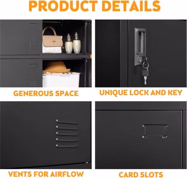 Armadio Minimal in metallo nero con 9 ante e serratura, ideale per ufficio e casa, L: 100 cm, H: 90 cm, P: 40 cm – 1