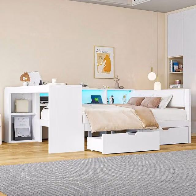 Letto Contenitore con Testiera Imbottita, LED e Cassetti ¨C MINIMAL ¨C Bianco 140x200