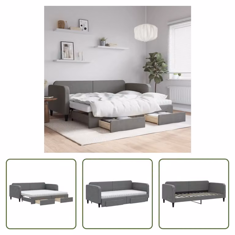 The Living Store Letto da giorno allungabile con cassetti grigio scuro 90x200 cm in tessuto