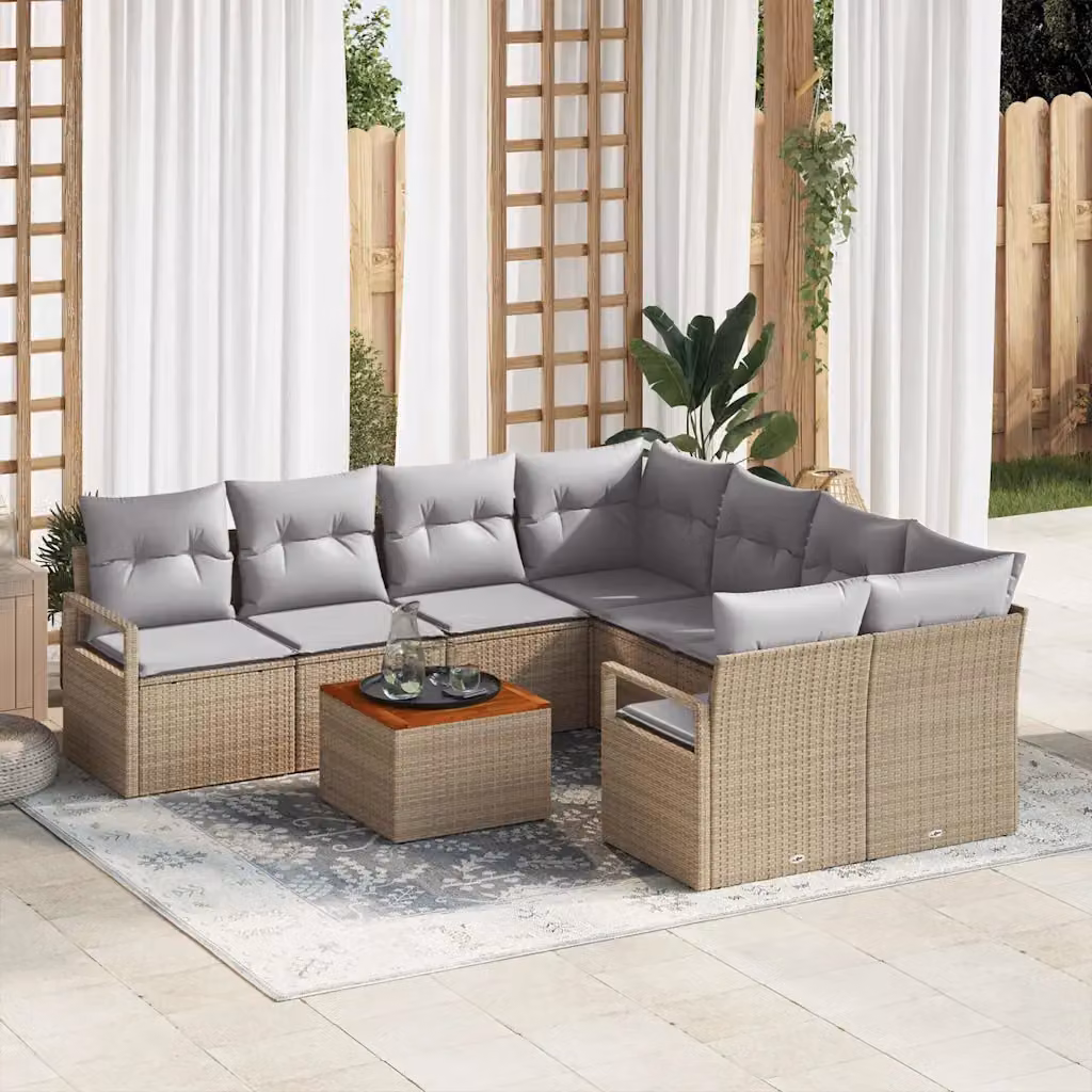 Set Divano da Giardino vidaXL 9 pz Beige con Cuscini e Tavolino in Polyrattan e Acciaio