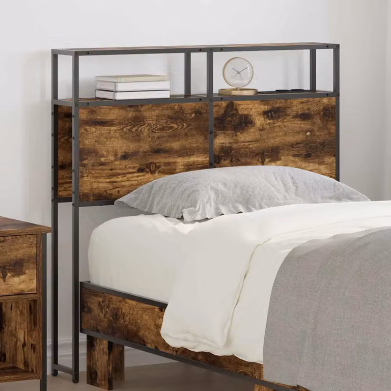 Testata del letto con contenitore vidaXL in legno ingegnerizzato e metallo, colore rovere fumo, con ripiano integrato e porta di ricarica USB, L: 102,0 cm, H: 98,0 cm, P: 15,0 cm