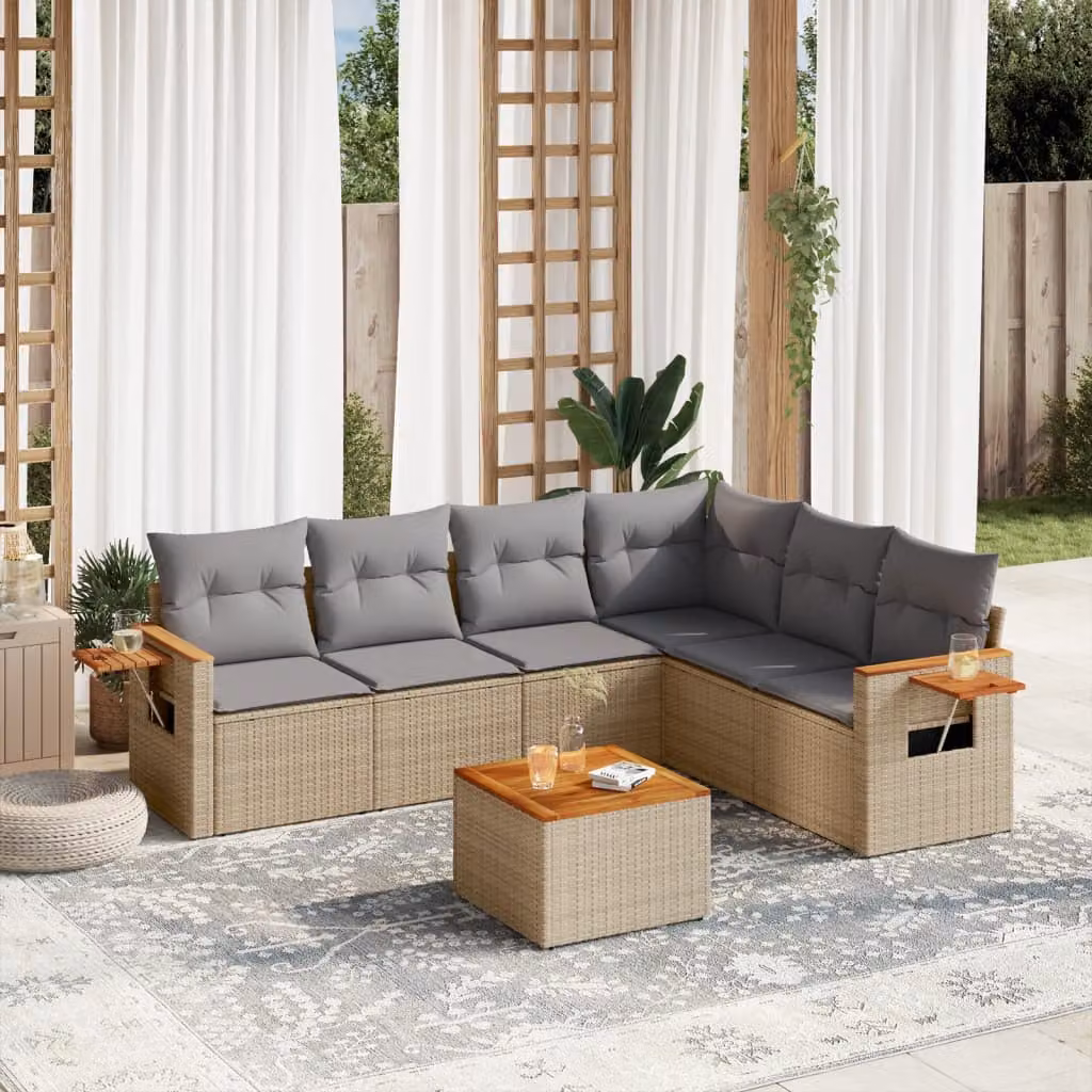 vidaXL Set Divani da Giardino 7 pz in Polyrattan con Cuscini Beige e Tavolino da Esterno – 1