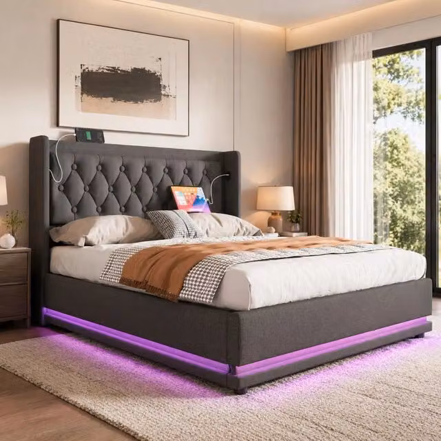 Letto matrimoniale 140x200 cm con contenitore; LED e USB-C; rivestimento in cotone grigio