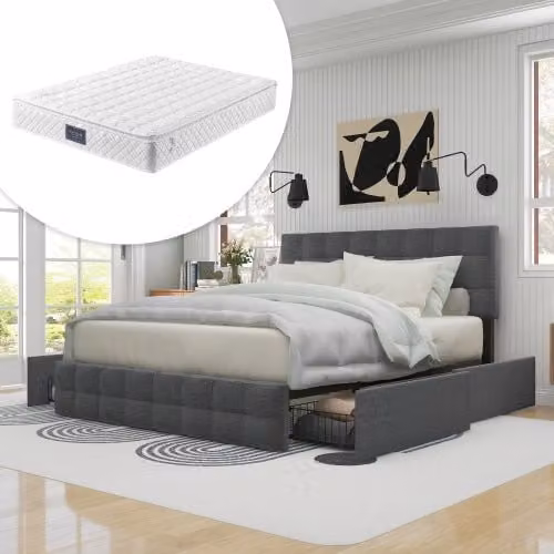 Letto Contenitore Imbottito con Cassetti e Testiera ¨C Xylo ¨C Grigio 140x200 con Materasso