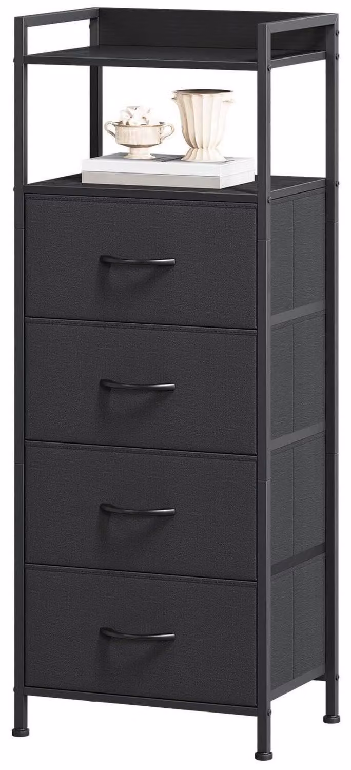 Comodino con 4 cassetti rivestiti in tessuto, colore nero, dimensioni 28T x 40.2B x 106H cm
