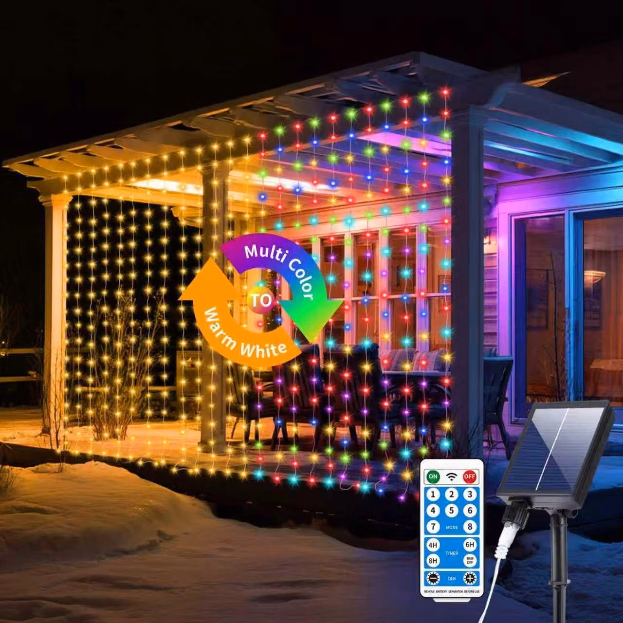 Tenda luminosa, dimensioni 3x3 metri, 300 LED, alimentazione solare, grado di protezione IP65, luce bianca calda e multicolore