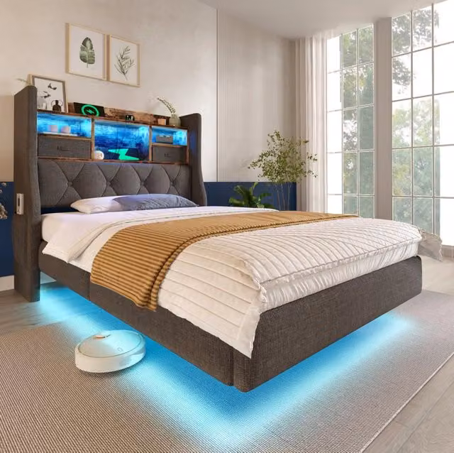 Letto imbottito 90x200 cm con LED; USB e USB C; testiera contenitore; lino grigio