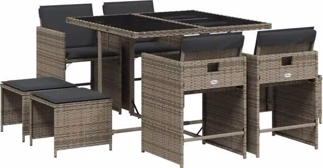 Set da Pranzo da Giardino 9 Pezzi in Polyrattan Grigio e Nero con Piano in Vetro