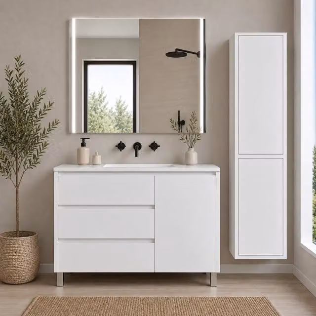 Mobile bagno con 3 cassetti, anta e lavabo ORIGENBATH VOLUM senza specchio 100x40 cm bianco con colonna