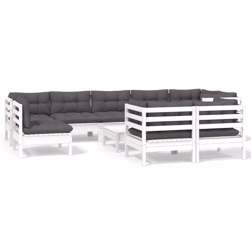 Set Divani da Giardino 10 pz con Cuscini Bianchi Legno di Pino