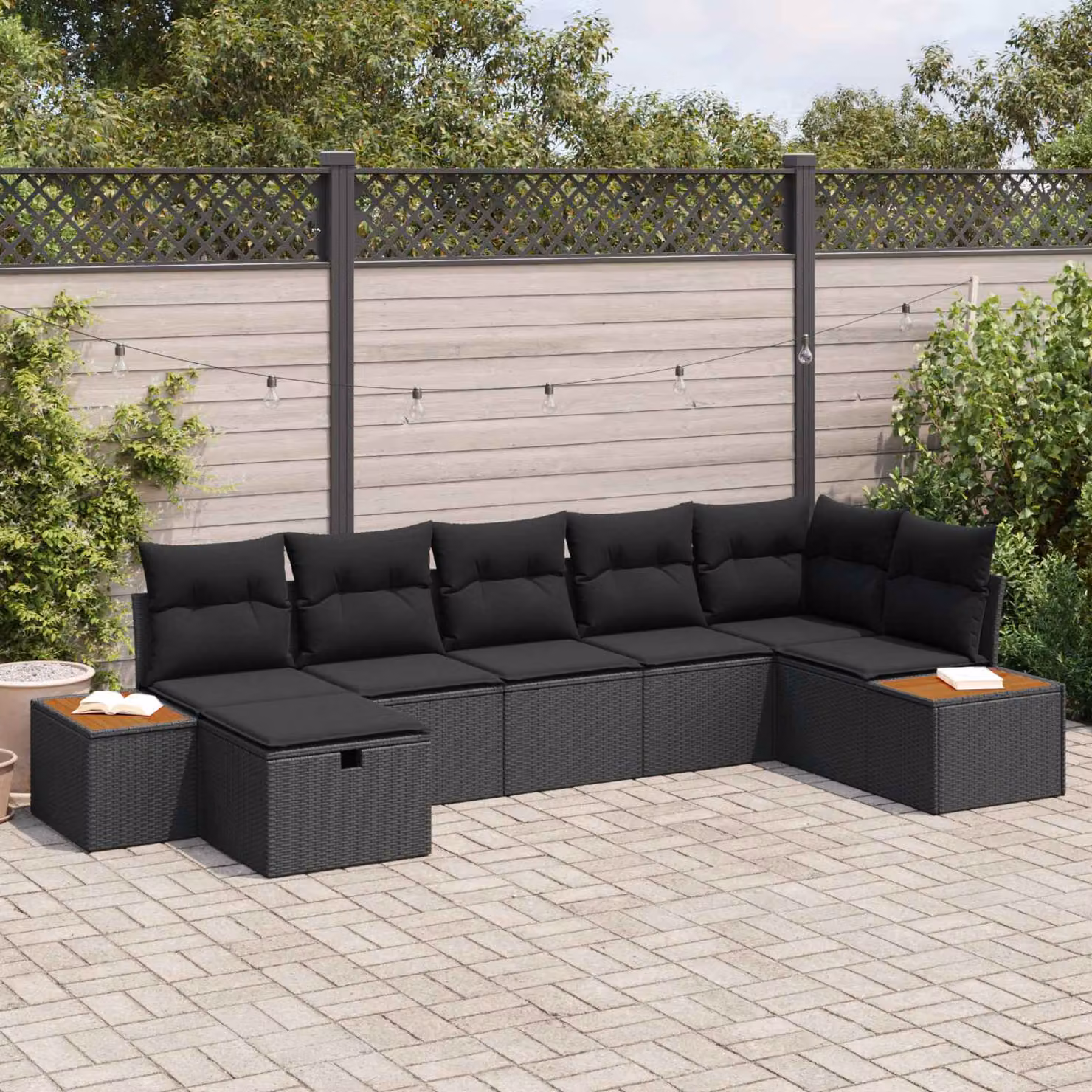 Set Divano da Giardino a L con Ottoman vidaXL, 7 Pezzi in Poly Rattan Nero con Cuscini Imbottiti e Struttura in Acciaio Verniciato – 1