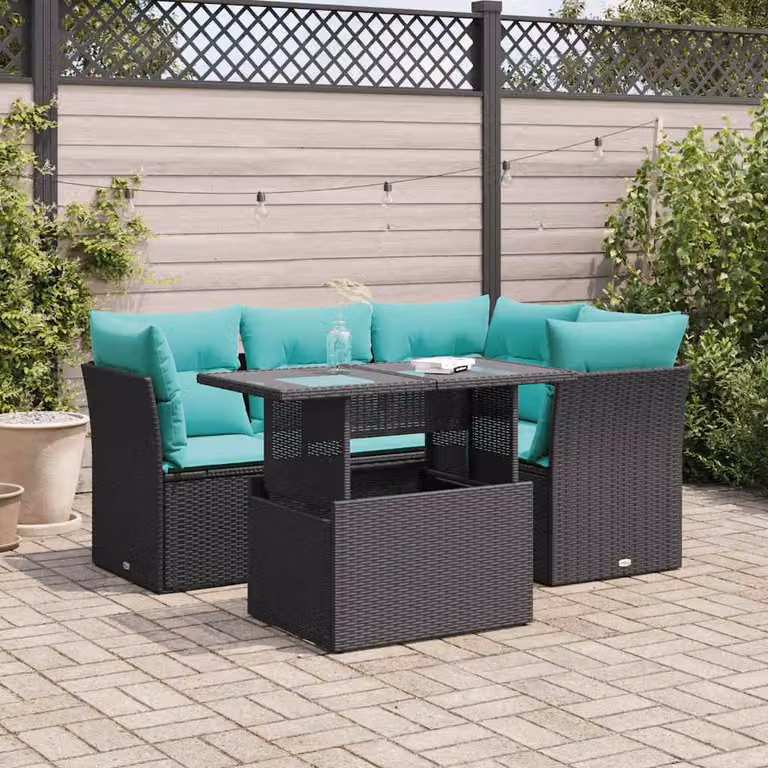 Set di divani da giardino vidaXL 5 pezzi in polyrattan nero con cuscini blu e tavolino da esterno in acacia