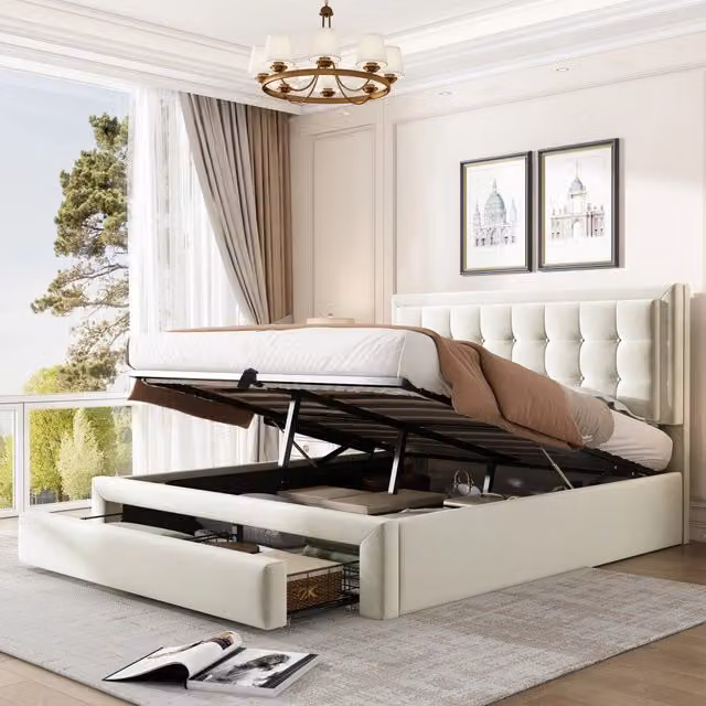 Letto imbottito REDOM con contenitore e testiera regolabile in velluto beige