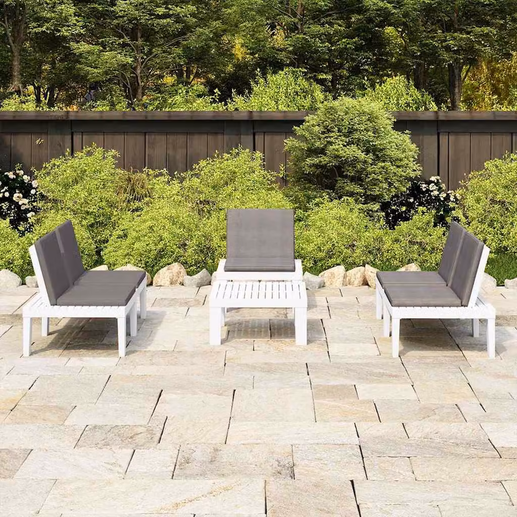 Set da giardino moderno vidaXL con divano a L, tavolino da caffè e 4 cuscini in plastica, bianco e antracite