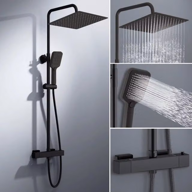 Colonna doccia AICA in acciaio inossidabile con miscelatore termostatico e saliscendi, nero opaco, H: 120 cm