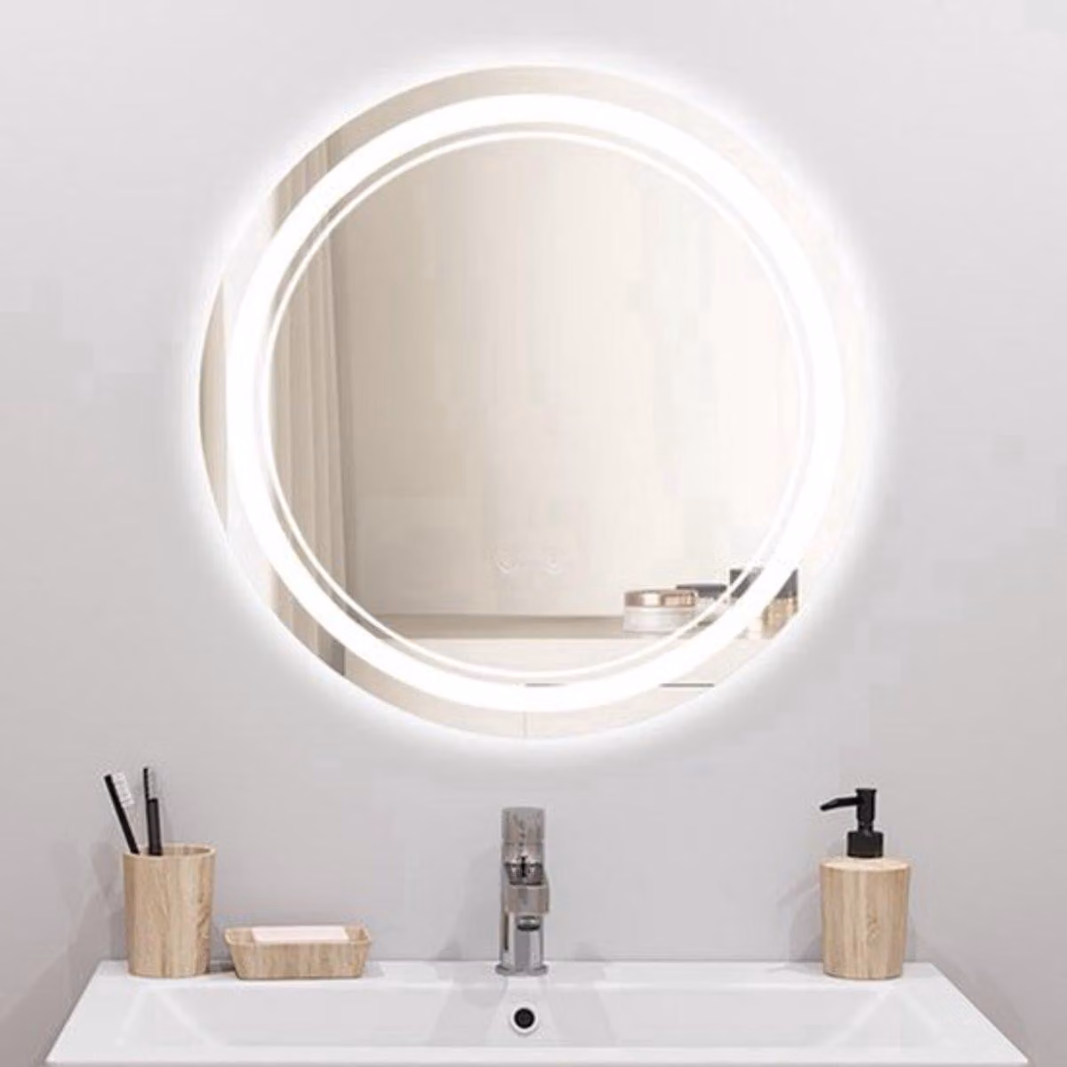 Specchio per trucco - Specchio LED rotondo - 50 cm - Montaggio a parete - Luce dimmerabile - Argento