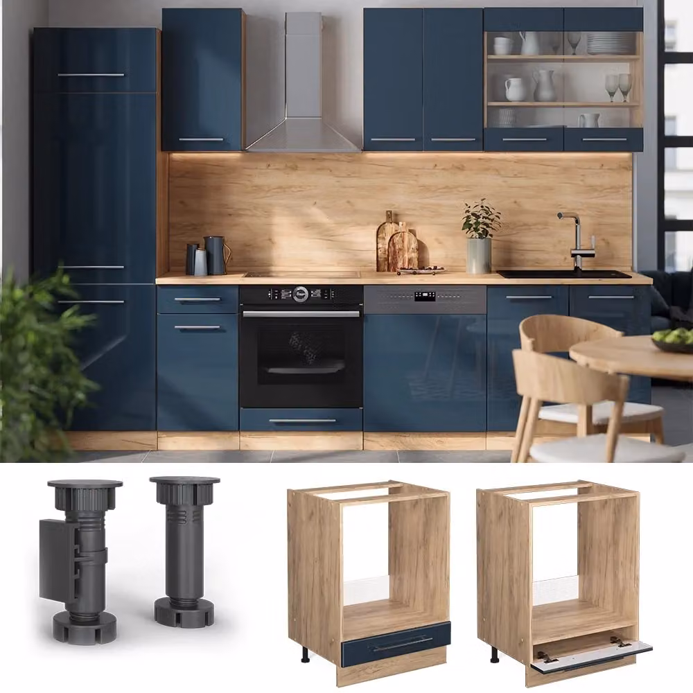 Mobile per forno da incasso Vicco Fame-Line Blu scuro lucido e Rovere dorato L: 60 cm, H: 82 cm, P: 22,5 cm – 2