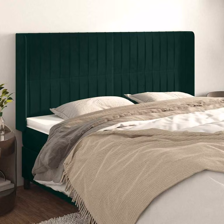 Testiera per letto vidaXL in velluto verde scuro con struttura in legno e pannello imbottito L: 163 cm, P: 16 cm, H: 118/128 cm